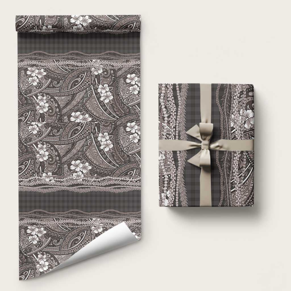 Hawaiian Art Flower Tribal with Lei Wrapping Paper Palaka Pattern Grayscale - Polynesian Pride