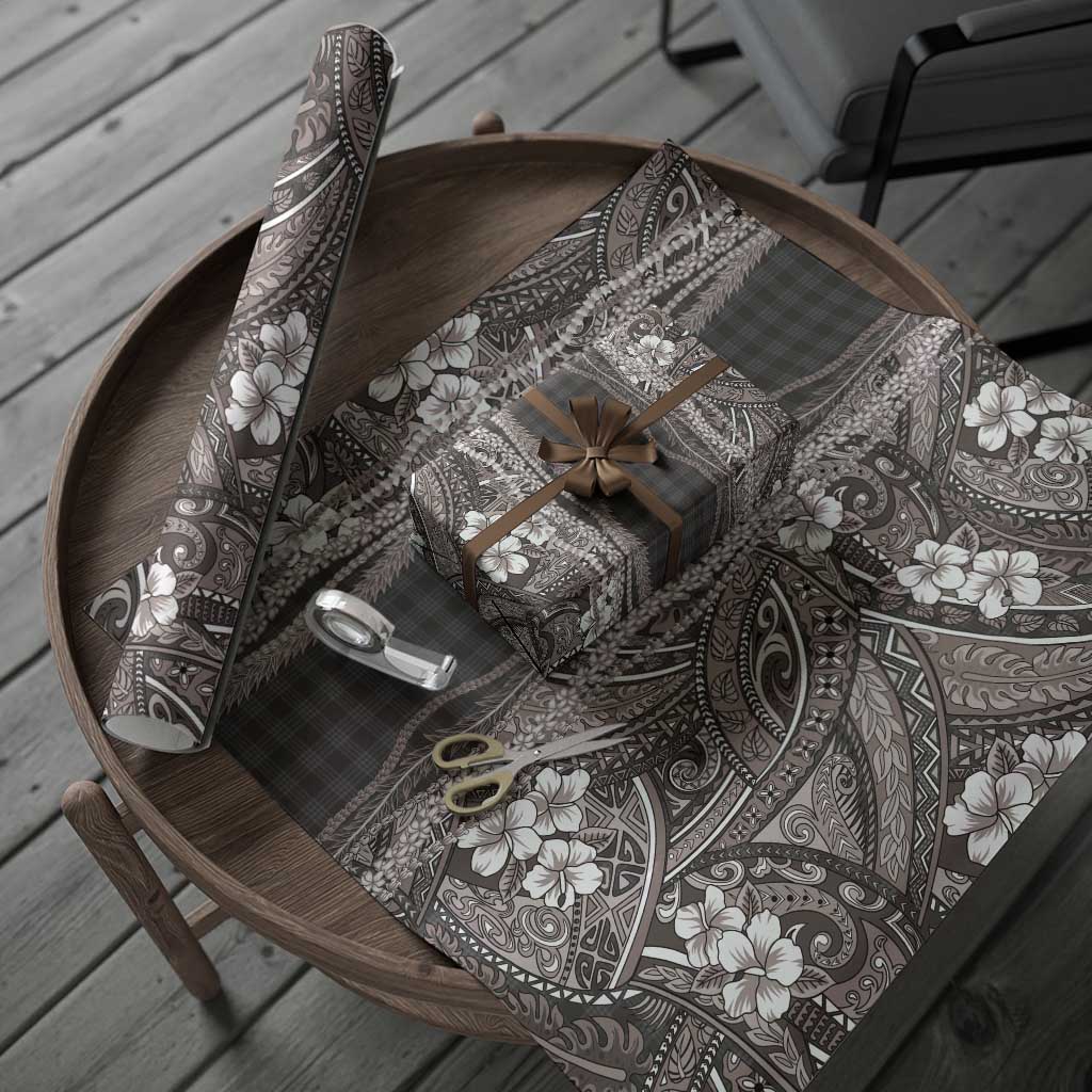 Hawaiian Art Flower Tribal with Lei Wrapping Paper Palaka Pattern Grayscale - Polynesian Pride
