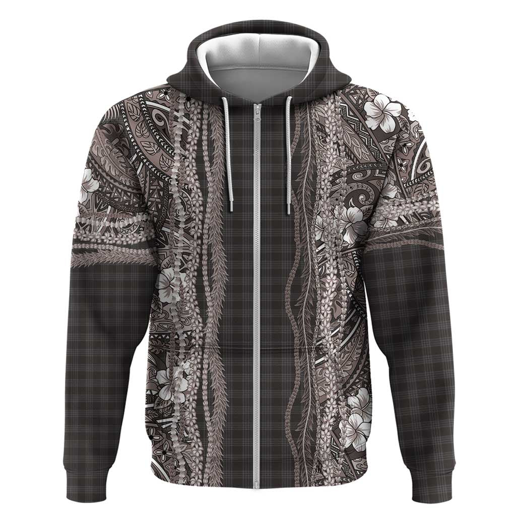 Hawaiian Art Flower Tribal with Lei Zip Hoodie Palaka Pattern Grayscale - Polynesian Pride