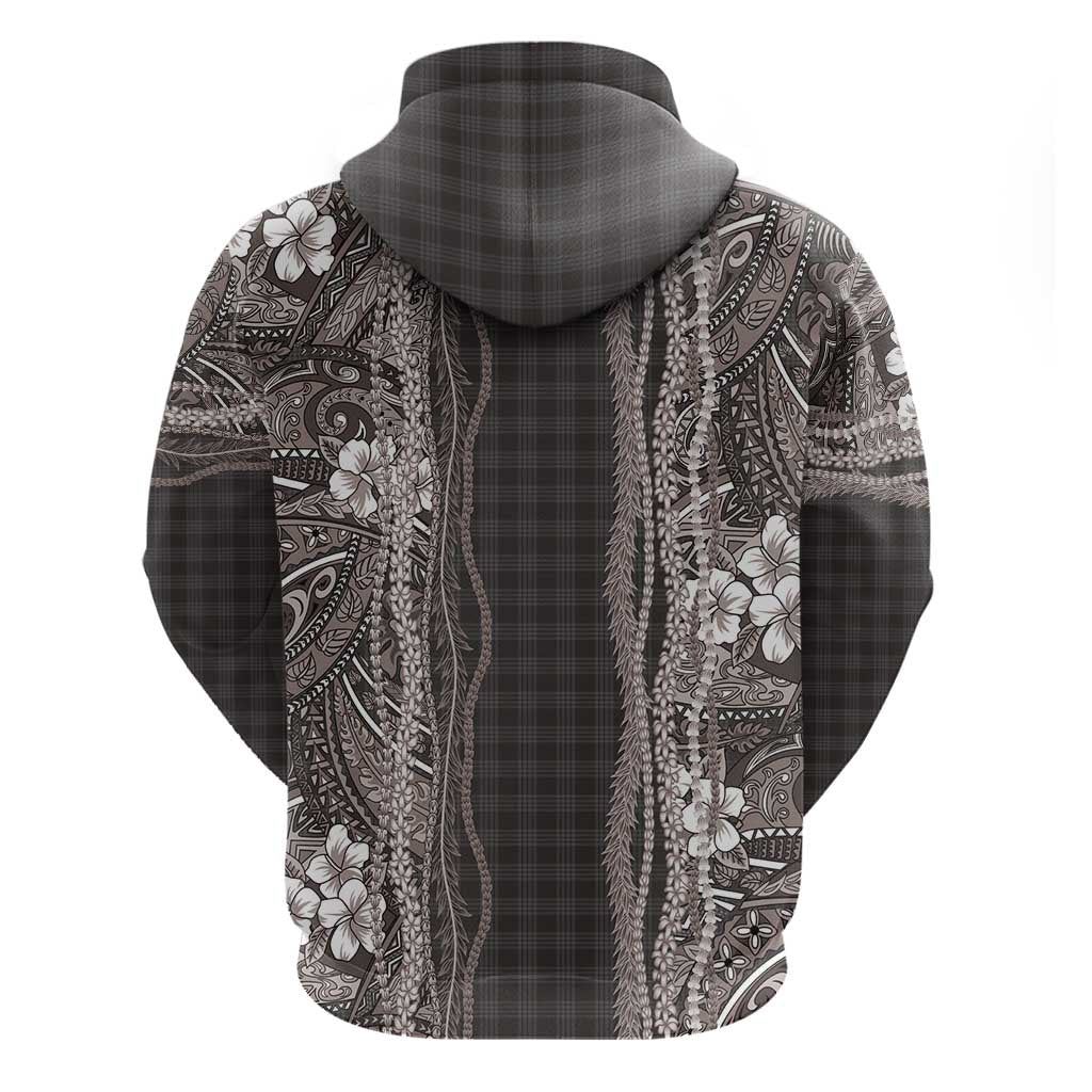 Hawaiian Art Flower Tribal with Lei Zip Hoodie Palaka Pattern Grayscale - Polynesian Pride