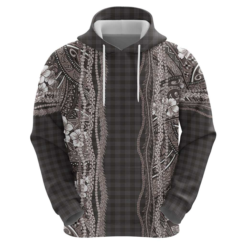 Hawaiian Art Flower Tribal with Lei Zip Hoodie Palaka Pattern Grayscale - Polynesian Pride