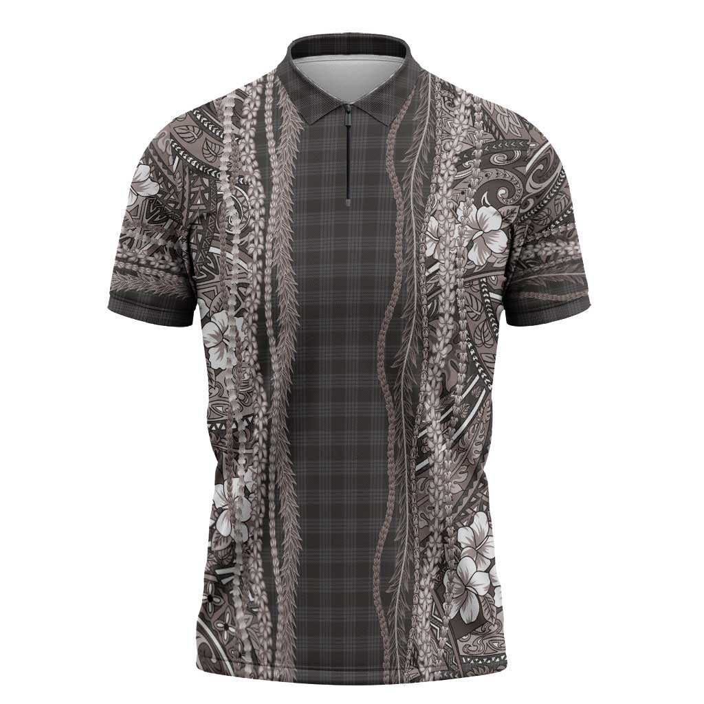 Hawaiian Art Flower Tribal with Lei Zipper Polo Shirt Palaka Pattern Grayscale - Polynesian Pride