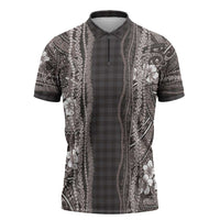 Hawaiian Art Flower Tribal with Lei Zipper Polo Shirt Palaka Pattern Grayscale - Polynesian Pride