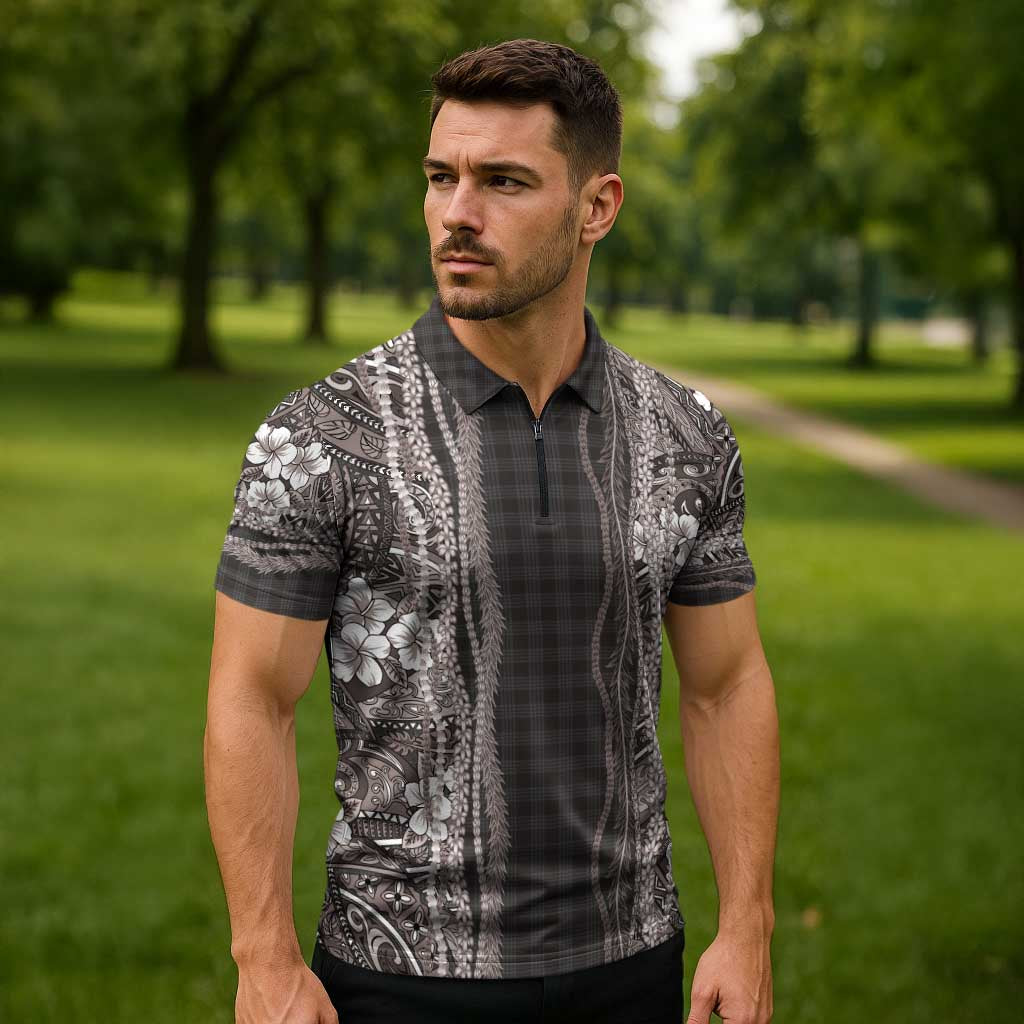 Hawaiian Art Flower Tribal with Lei Zipper Polo Shirt Palaka Pattern Grayscale - Polynesian Pride