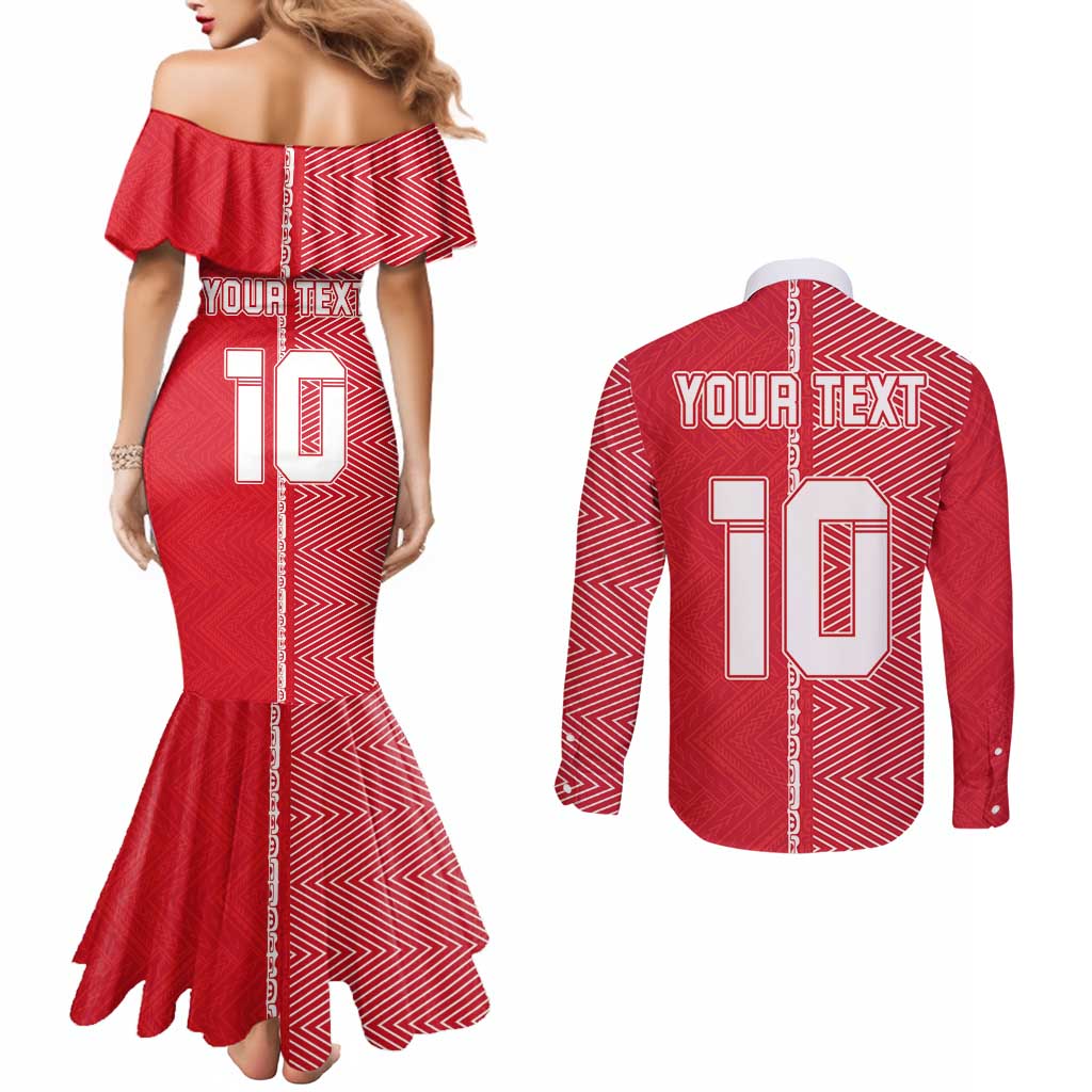 Custom Tahiti Football-Iron Warriors Couples Matching Mermaid Dress and Long Sleeve Button Shirt LT03 - Polynesian Pride