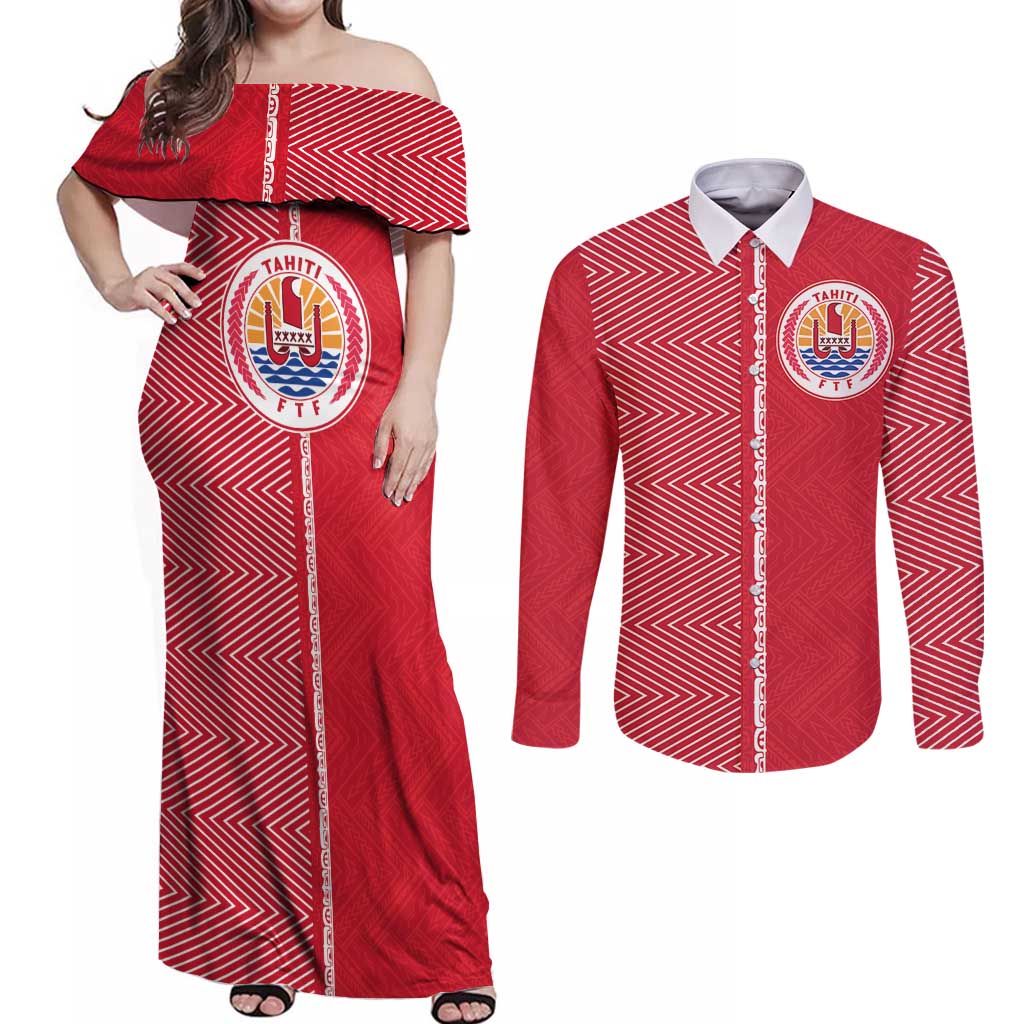 Custom Tahiti Football-Iron Warriors Couples Matching Off Shoulder Maxi Dress and Long Sleeve Button Shirt LT03 Red - Polynesian Pride