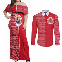 Custom Tahiti Football-Iron Warriors Couples Matching Off Shoulder Maxi Dress and Long Sleeve Button Shirt LT03 Red - Polynesian Pride