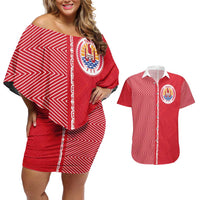 Custom Tahiti Football-Iron Warriors Couples Matching Off Shoulder Short Dress and Hawaiian Shirt LT03 Red - Polynesian Pride