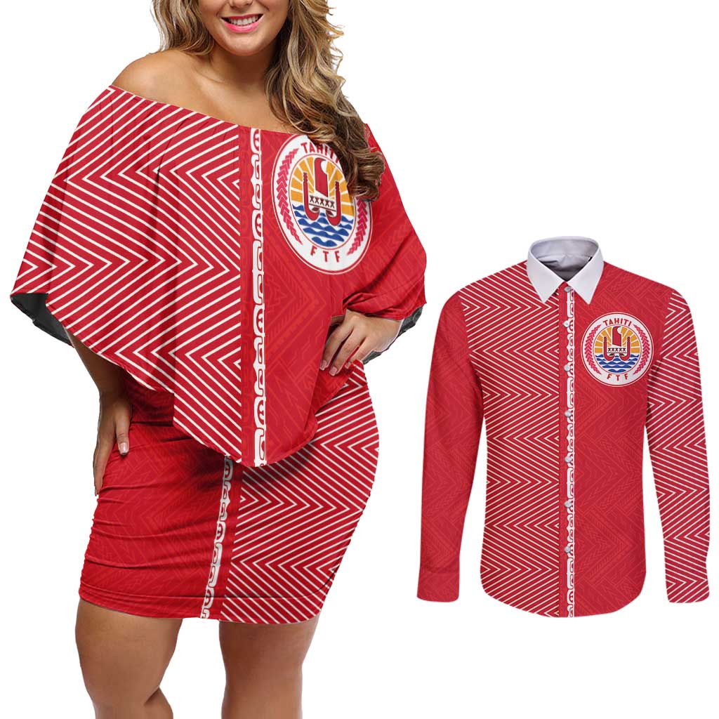 Custom Tahiti Football-Iron Warriors Couples Matching Off Shoulder Short Dress and Long Sleeve Button Shirt LT03 Red - Polynesian Pride