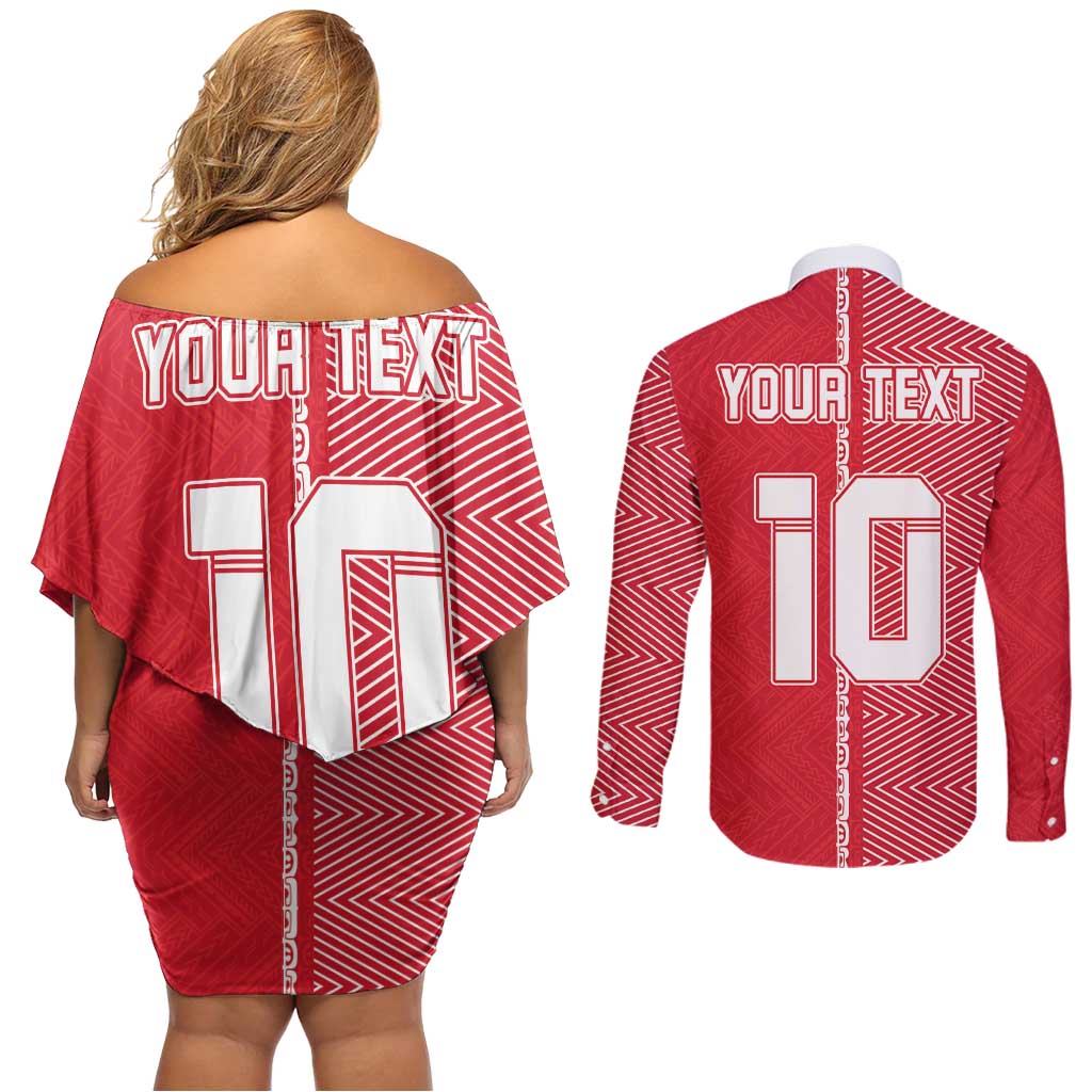 Custom Tahiti Football-Iron Warriors Couples Matching Off Shoulder Short Dress and Long Sleeve Button Shirt LT03 - Polynesian Pride
