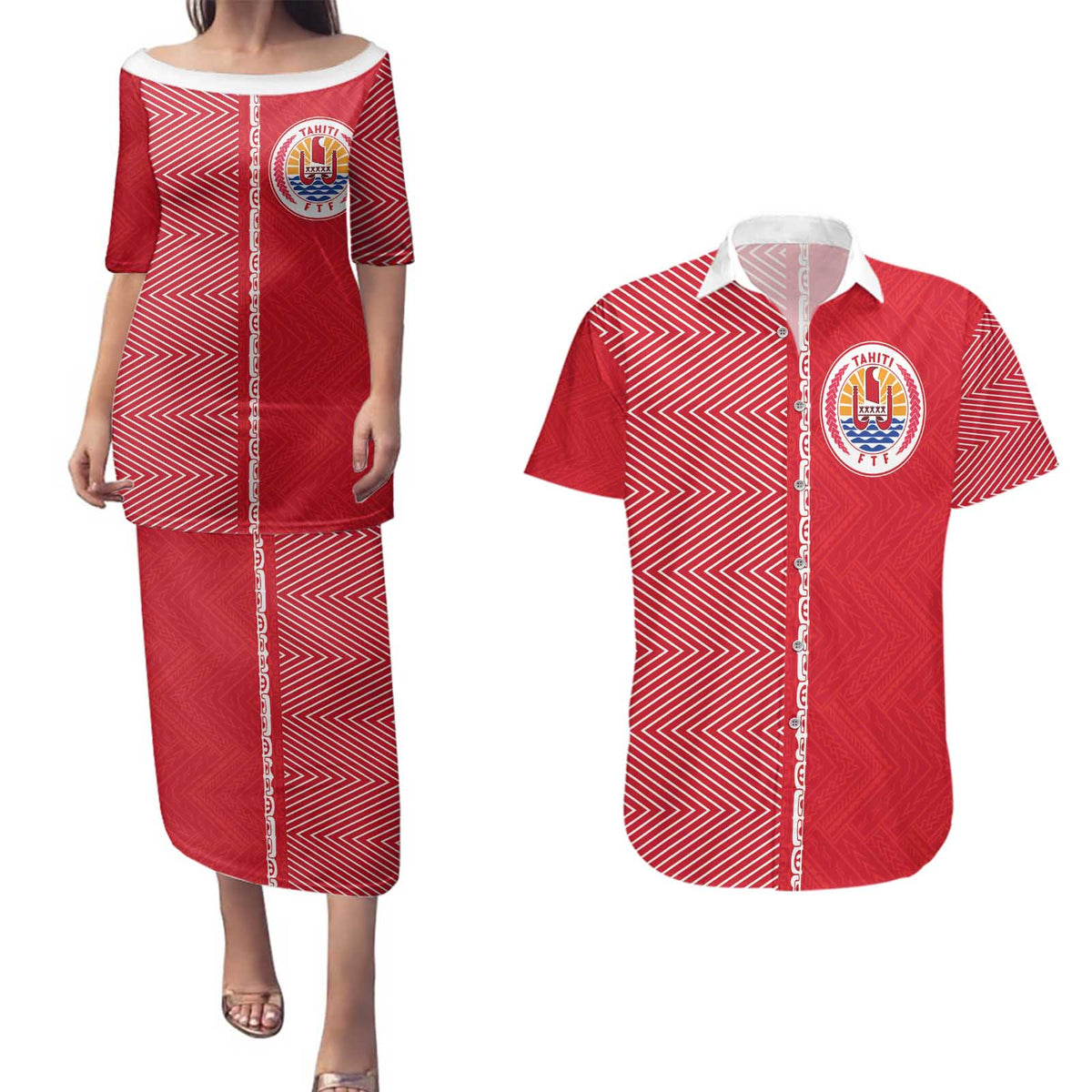 Custom Tahiti Football-Iron Warriors Couples Matching Puletasi and Hawaiian Shirt LT03 Red - Polynesian Pride