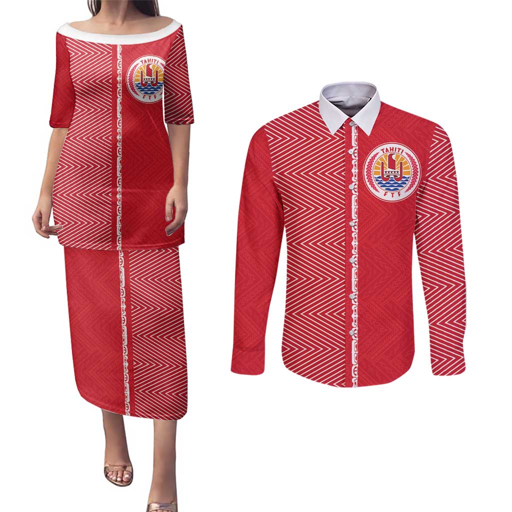 Custom Tahiti Football-Iron Warriors Couples Matching Puletasi and Long Sleeve Button Shirt LT03 Red - Polynesian Pride