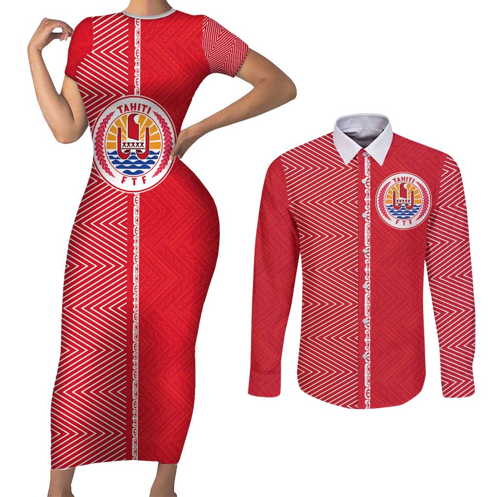 Custom Tahiti Football-Iron Warriors Couples Matching Short Sleeve Bodycon Dress and Long Sleeve Button Shirt LT03 Red - Polynesian Pride