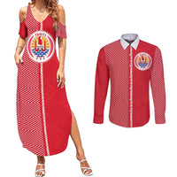 Custom Tahiti Football-Iron Warriors Couples Matching Summer Maxi Dress and Long Sleeve Button Shirt LT03 Red - Polynesian Pride