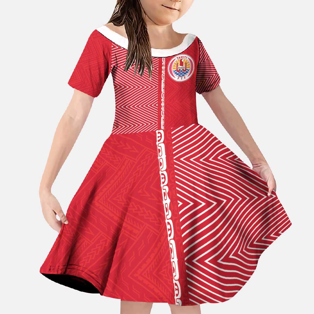 Custom Tahiti Football-Iron Warriors Family Matching Short Sleeve Bodycon Dress and Hawaiian Shirt LT03 Daughter's Dress Red - Polynesian Pride