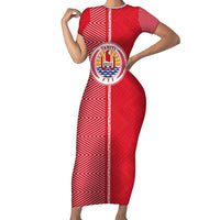 Custom Tahiti Football-Iron Warriors Family Matching Short Sleeve Bodycon Dress and Hawaiian Shirt LT03 Mom's Dress Red - Polynesian Pride