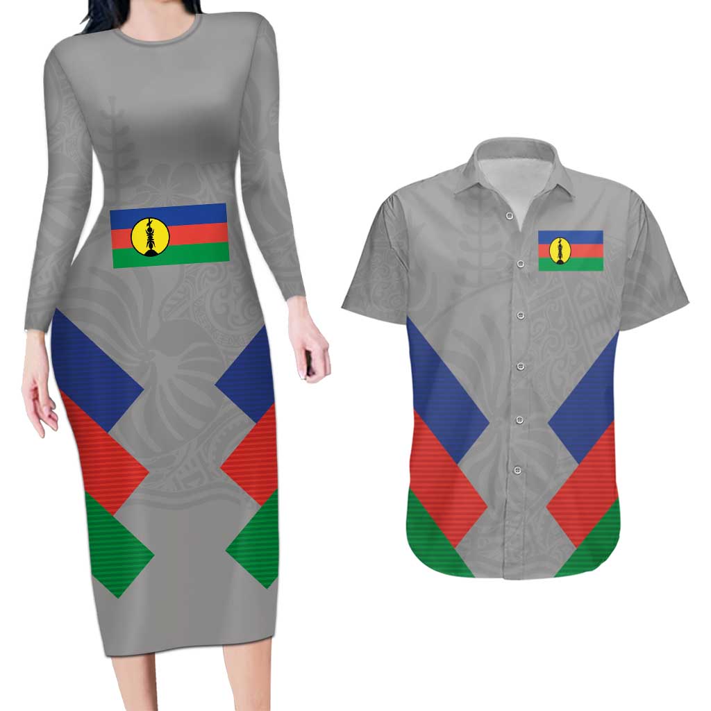 Custom New Caledonia-The Kagus Couples Matching Long Sleeve Bodycon Dress and Hawaiian Shirt LT03 Gray - Polynesian Pride