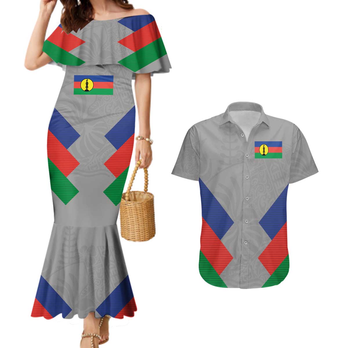 Custom New Caledonia-The Kagus Couples Matching Mermaid Dress and Hawaiian Shirt LT03 Gray - Polynesian Pride