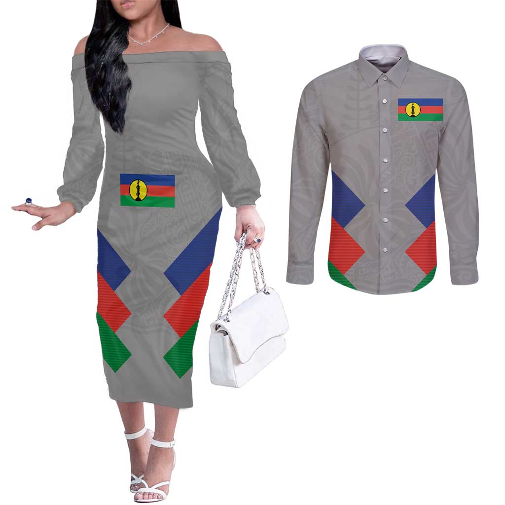 Custom New Caledonia-The Kagus Couples Matching Off The Shoulder Long Sleeve Dress and Long Sleeve Button Shirt LT03 Gray - Polynesian Pride