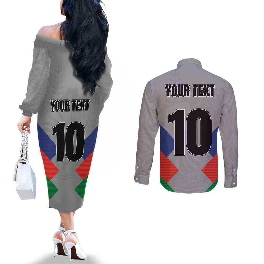 Custom New Caledonia-The Kagus Couples Matching Off The Shoulder Long Sleeve Dress and Long Sleeve Button Shirt LT03 - Polynesian Pride