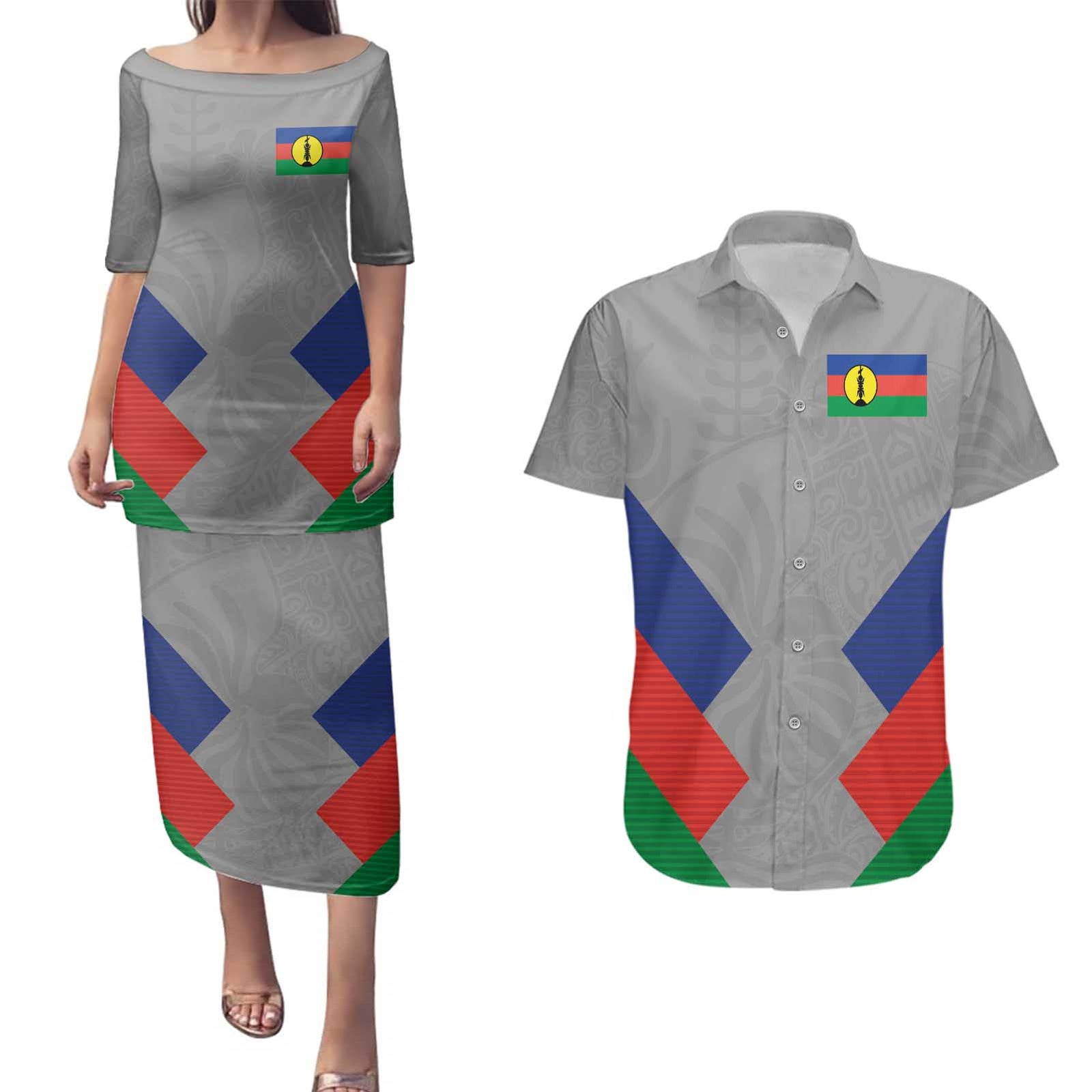 Custom New Caledonia-The Kagus Couples Matching Puletasi and Hawaiian Shirt LT03 Gray - Polynesian Pride