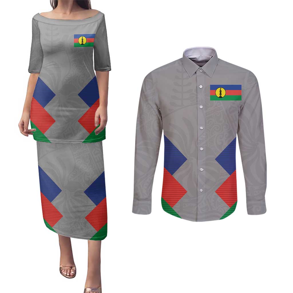Custom New Caledonia-The Kagus Couples Matching Puletasi and Long Sleeve Button Shirt LT03 Gray - Polynesian Pride