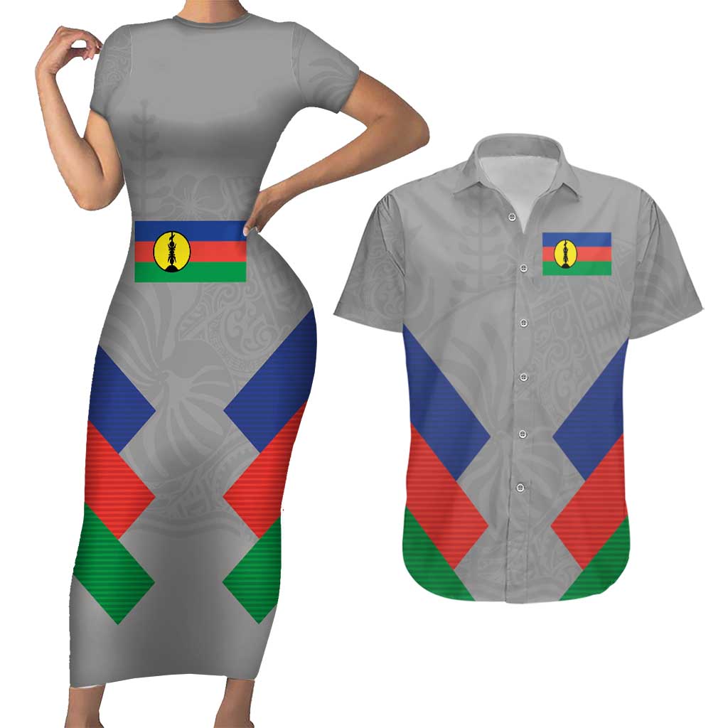 Custom New Caledonia-The Kagus Couples Matching Short Sleeve Bodycon Dress and Hawaiian Shirt LT03 Gray - Polynesian Pride