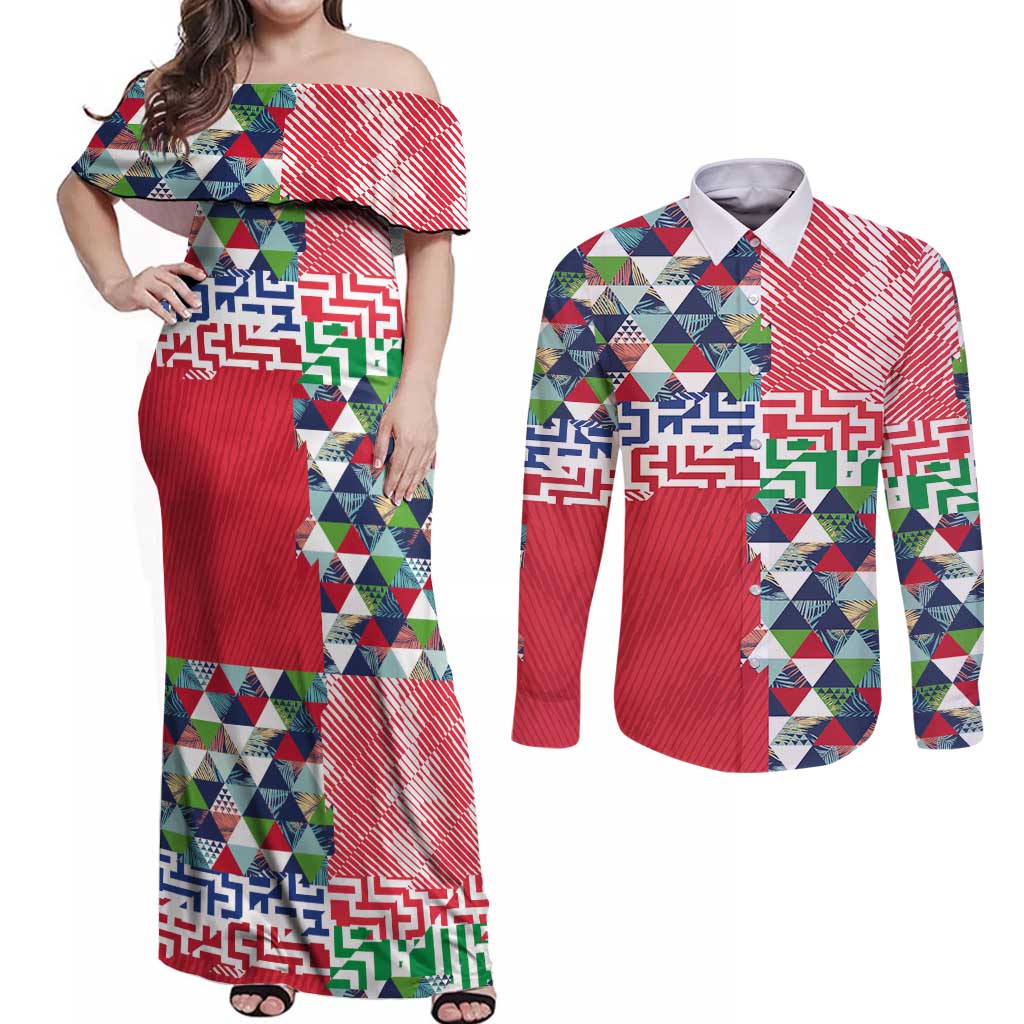 Hawaiian Floral Kakau Tropical Leaves-Sporty Style Couples Matching Off Shoulder Maxi Dress and Long Sleeve Button Shirt