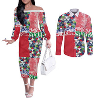 Hawaiian Floral Kakau Tropical Leaves-Sporty Style Couples Matching Off The Shoulder Long Sleeve Dress and Long Sleeve Button Shirt