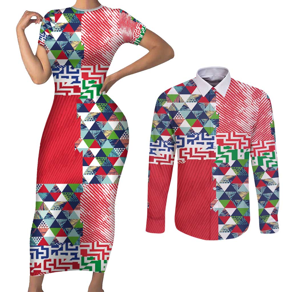 Hawaiian Floral Kakau Tropical Leaves-Sporty Style Couples Matching Short Sleeve Bodycon Dress and Long Sleeve Button Shirt