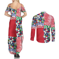 Hawaiian Floral Kakau Tropical Leaves-Sporty Style Couples Matching Summer Maxi Dress and Long Sleeve Button Shirt