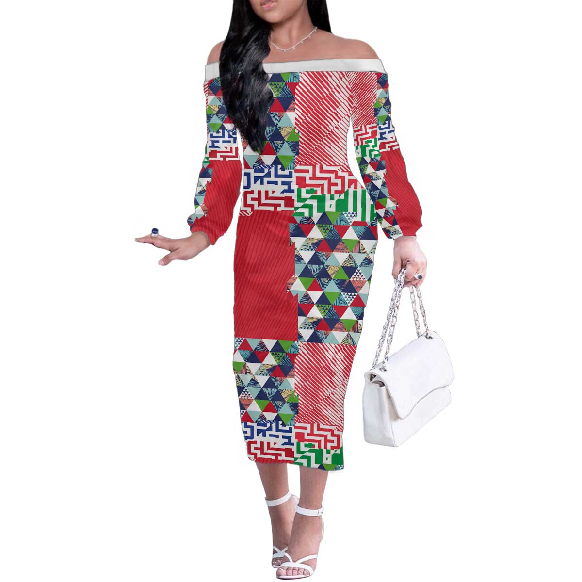 Hawaiian Floral Kakau Tropical Leaves-Sporty Style Family Matching Off The Shoulder Long Sleeve Dress and Hawaiian Shirt