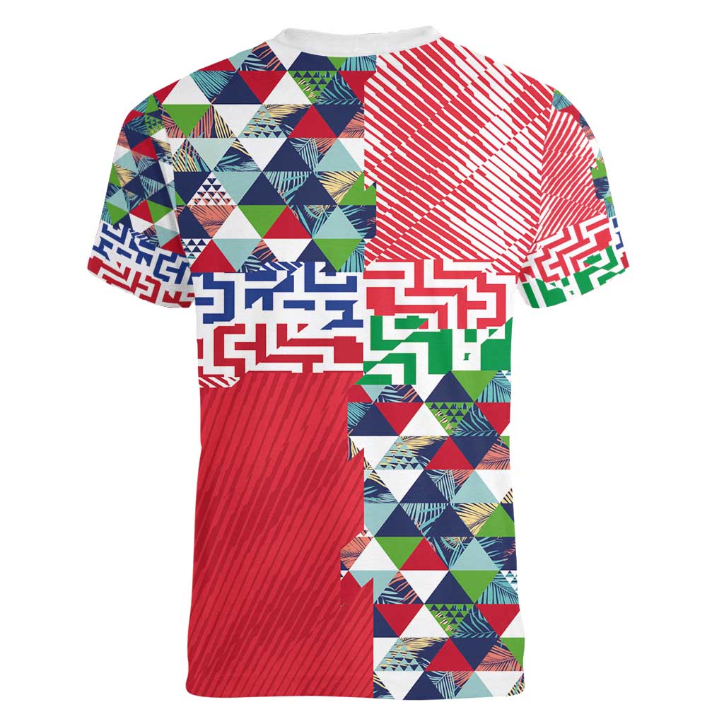 Hawaiian Floral Kakau Tropical Leaves-Sporty Style Women V-Neck T-Shirt