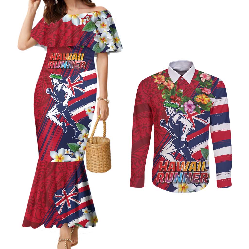 Hawaii Runner-Kakau Art with Lei and Plumeria Couples Matching Mermaid Dress and Long Sleeve Button Shirt