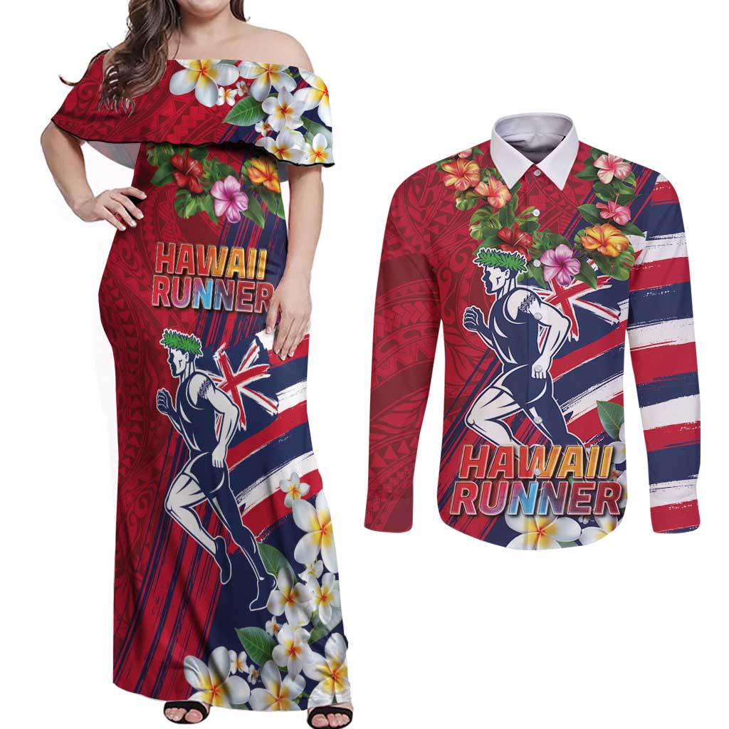 Hawaii Runner-Kakau Art with Lei and Plumeria Couples Matching Off Shoulder Maxi Dress and Long Sleeve Button Shirt