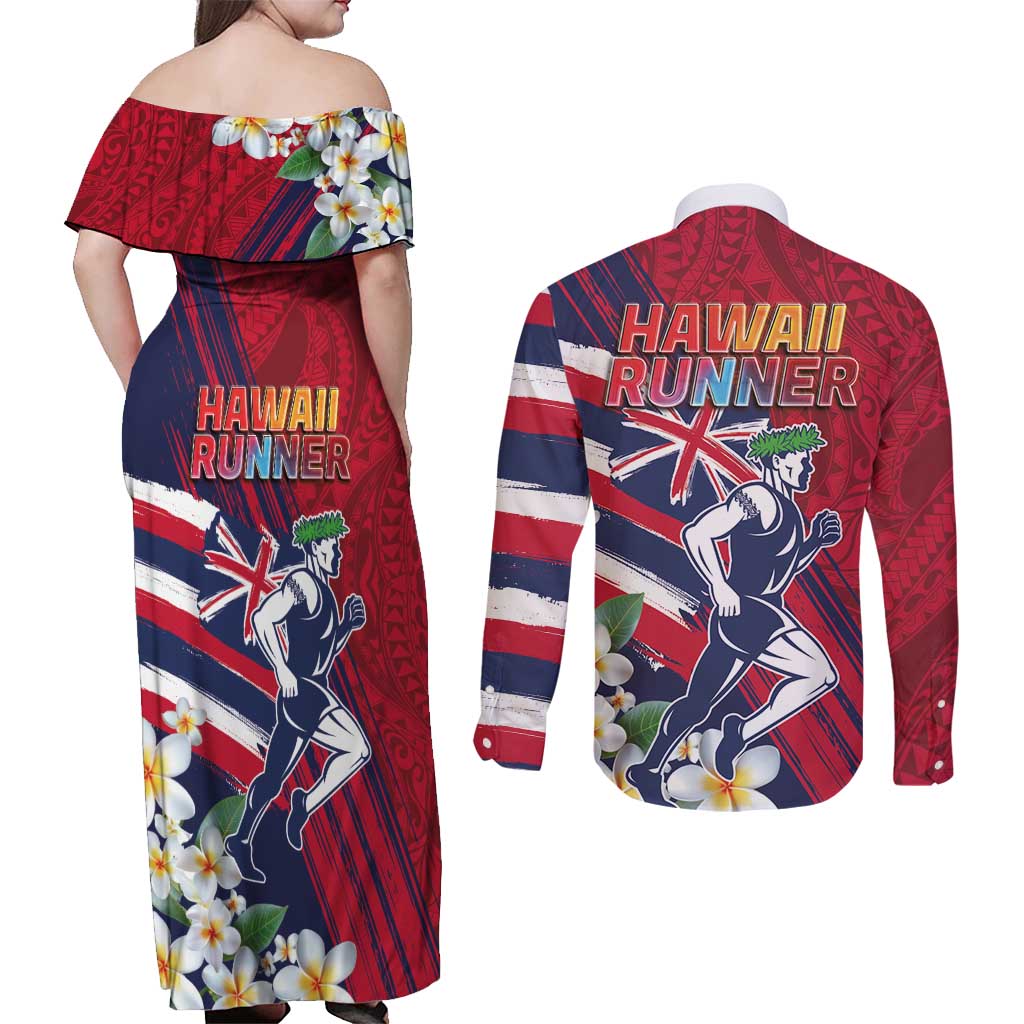 Hawaii Runner-Kakau Art with Lei and Plumeria Couples Matching Off Shoulder Maxi Dress and Long Sleeve Button Shirt