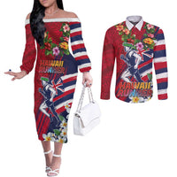 Hawaii Runner-Kakau Art with Lei and Plumeria Couples Matching Off The Shoulder Long Sleeve Dress and Long Sleeve Button Shirt