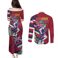 Hawaii Runner-Kakau Art with Lei and Plumeria Couples Matching Puletasi and Long Sleeve Button Shirt