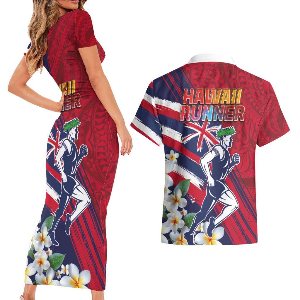 Hawaii Runner-Kakau Art with Lei and Plumeria Couples Matching Short Sleeve Bodycon Dress and Hawaiian Shirt