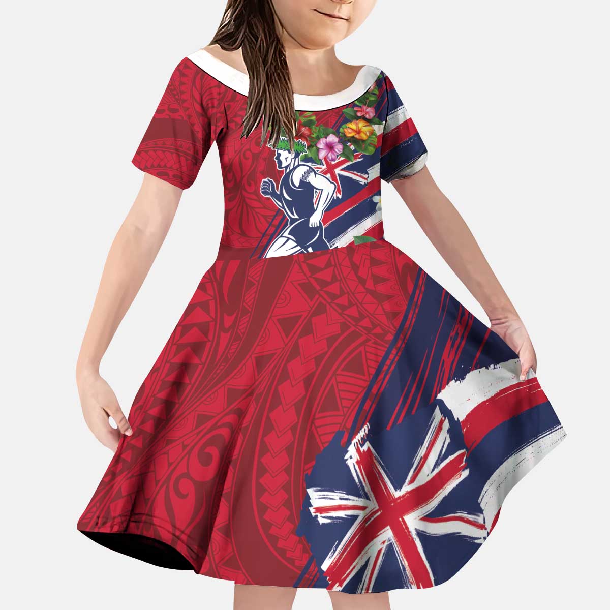 Hawaii Runner-Kakau Art with Lei and Plumeria Kid Short Sleeve Dress