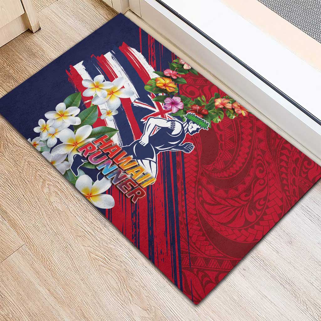Hawaii Runner-Kakau Art with Lei and Plumeria Rubber Doormat