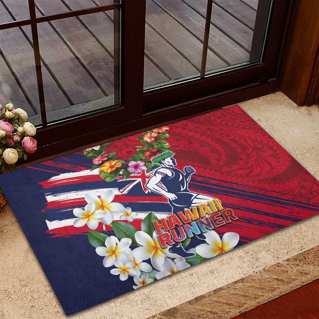 Hawaii Runner-Kakau Art with Lei and Plumeria Rubber Doormat