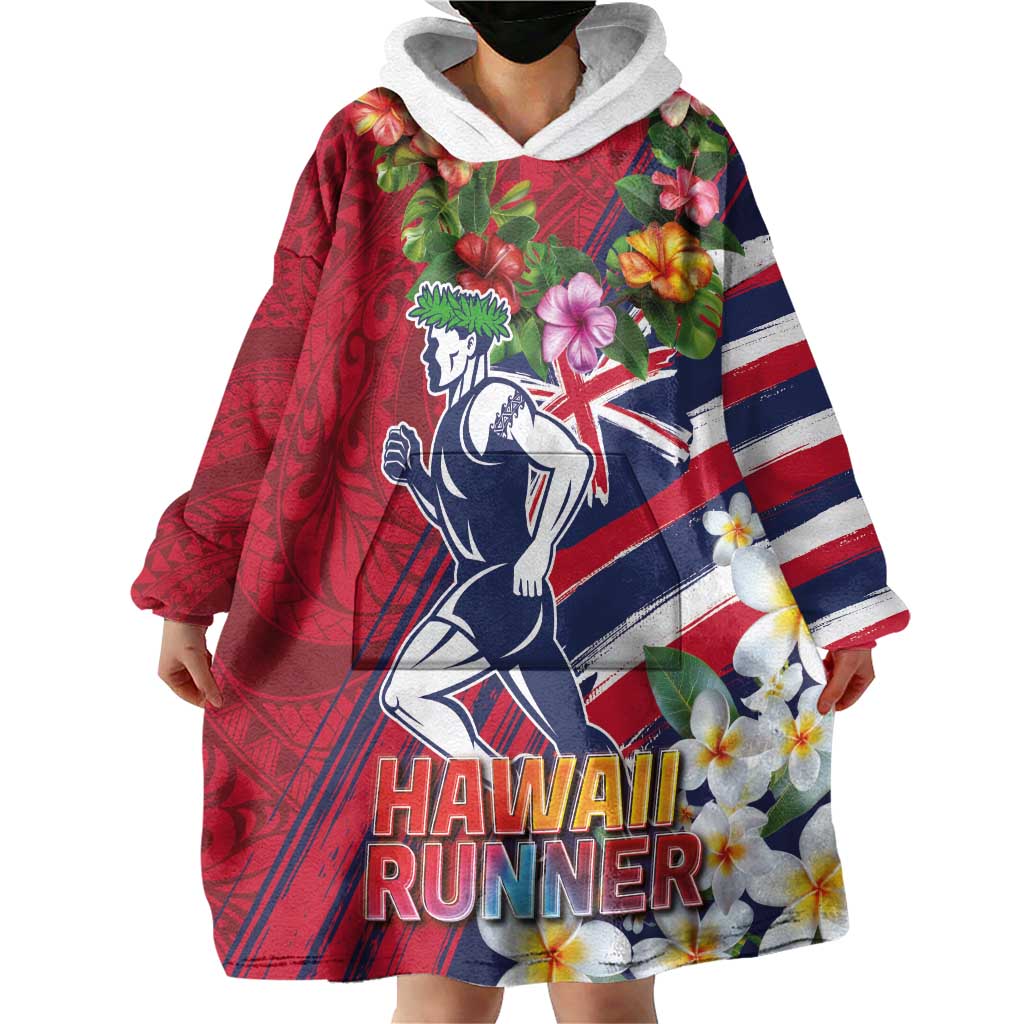 Hawaii Runner-Kakau Art with Lei and Plumeria Wearable Blanket Hoodie