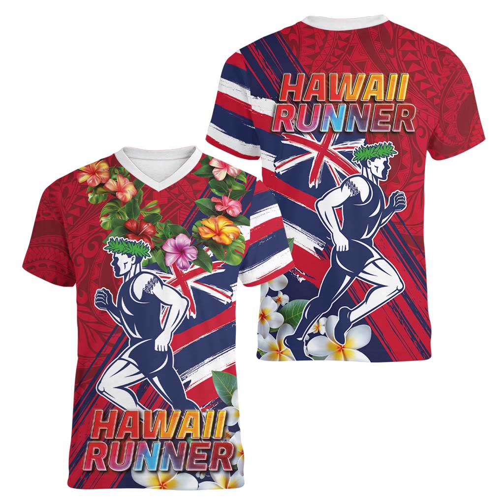 Hawaii Runner-Kakau Art with Lei and Plumeria Women V-Neck T-Shirt