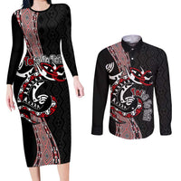 Aotearoa Toitu Te Tiriti Taniko Couples Matching Long Sleeve Bodycon Dress and Long Sleeve Button Shirt Maori Taniwha Haka - Honour the Treaty LT03 Black - Polynesian Pride