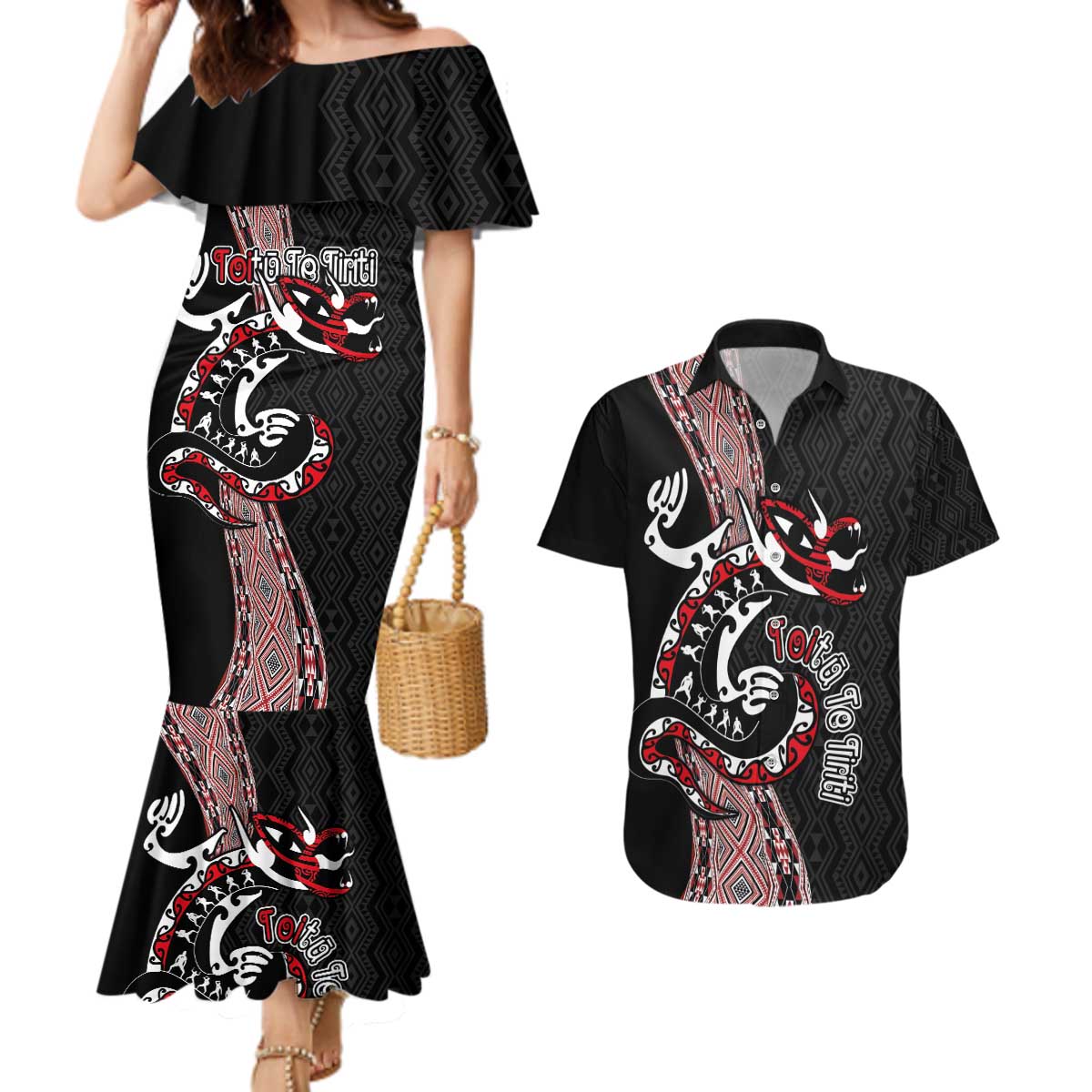 Aotearoa Toitu Te Tiriti Taniko Couples Matching Mermaid Dress and Hawaiian Shirt Maori Taniwha Haka - Honour the Treaty LT03 Black - Polynesian Pride