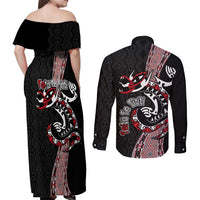 Aotearoa Toitu Te Tiriti Taniko Couples Matching Off Shoulder Maxi Dress and Long Sleeve Button Shirt Maori Taniwha Haka - Honour the Treaty LT03 - Polynesian Pride