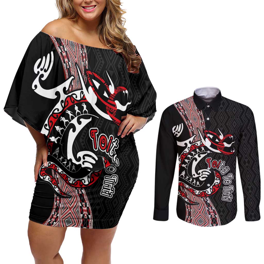 Aotearoa Toitu Te Tiriti Taniko Couples Matching Off Shoulder Short Dress and Long Sleeve Button Shirt Maori Taniwha Haka - Honour the Treaty LT03 Black - Polynesian Pride