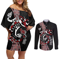 Aotearoa Toitu Te Tiriti Taniko Couples Matching Off Shoulder Short Dress and Long Sleeve Button Shirt Maori Taniwha Haka - Honour the Treaty LT03 Black - Polynesian Pride