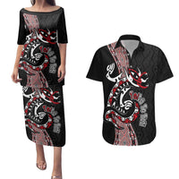 Aotearoa Toitu Te Tiriti Taniko Couples Matching Puletasi and Hawaiian Shirt Maori Taniwha Haka - Honour the Treaty LT03 Black - Polynesian Pride